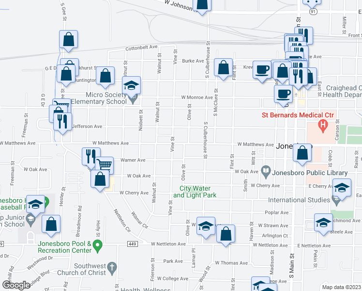 map of restaurants, bars, coffee shops, grocery stores, and more near 801 West Matthews Avenue in Jonesboro