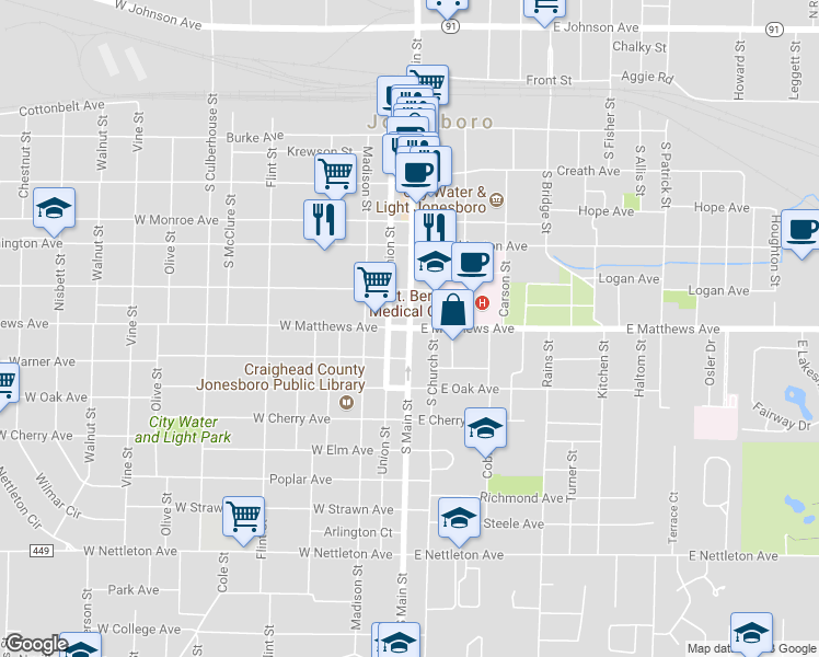 map of restaurants, bars, coffee shops, grocery stores, and more near 101 West Matthews Avenue in Jonesboro