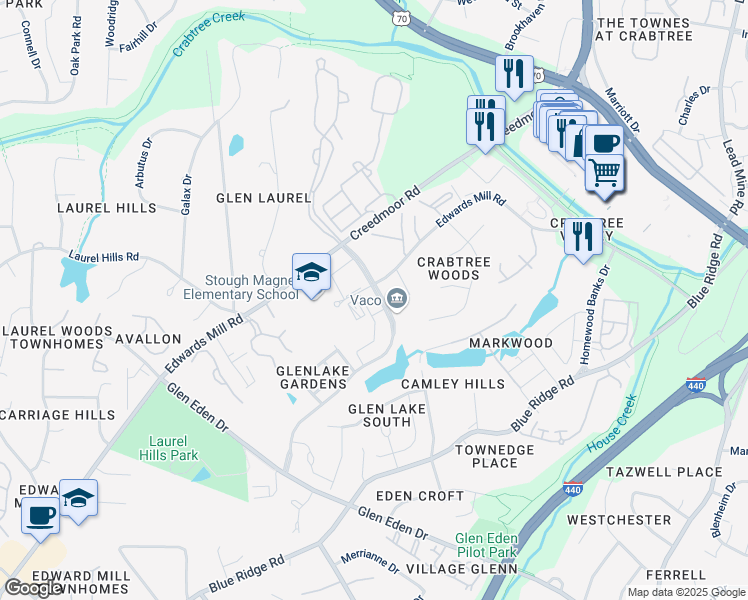 map of restaurants, bars, coffee shops, grocery stores, and more near 4143 Parklake Avenue in Raleigh
