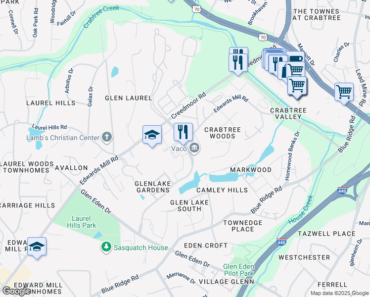 map of restaurants, bars, coffee shops, grocery stores, and more near 4141 Parklake Avenue in Raleigh