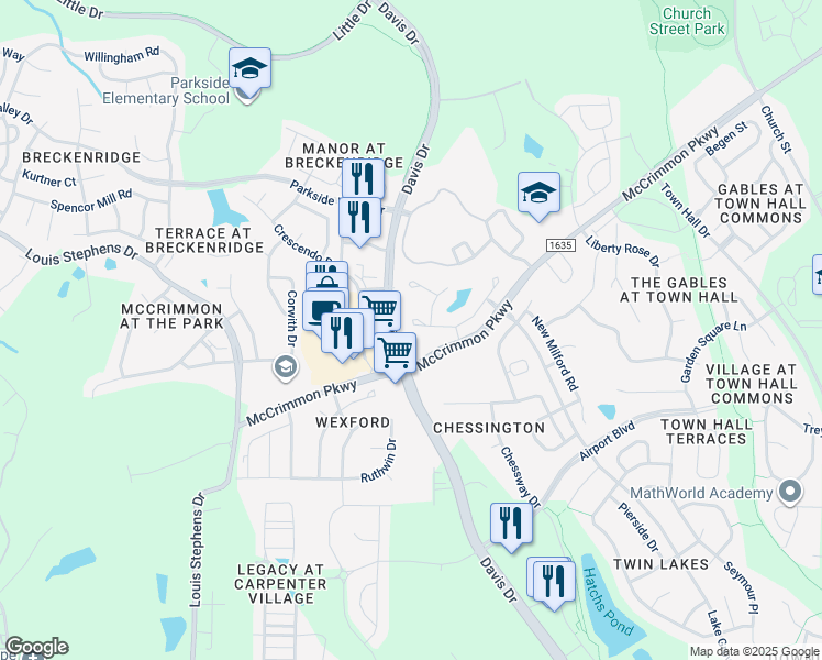 map of restaurants, bars, coffee shops, grocery stores, and more near 651 Berry Chase Way in Cary