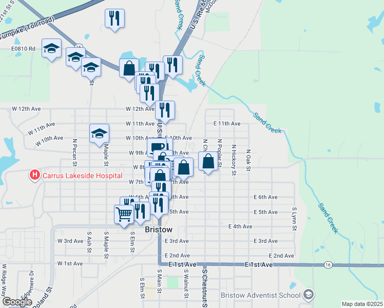 map of restaurants, bars, coffee shops, grocery stores, and more near 210 East 9th Avenue in Bristow