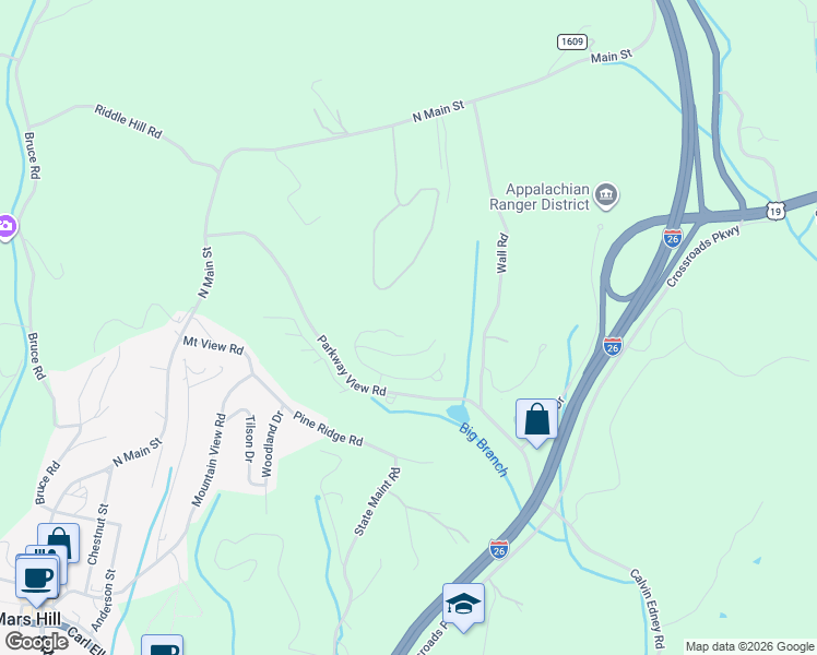 map of restaurants, bars, coffee shops, grocery stores, and more near 535 Oak Lane in Mars Hill