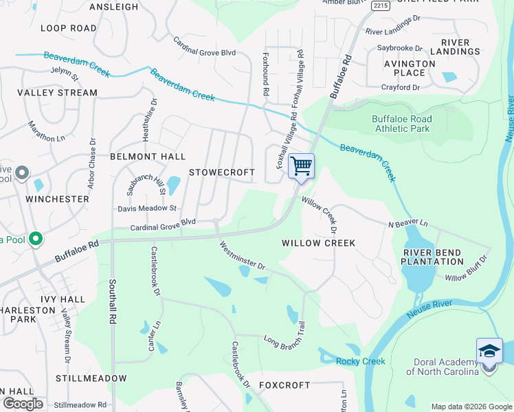 map of restaurants, bars, coffee shops, grocery stores, and more near 5721 Riverford Drive in Raleigh