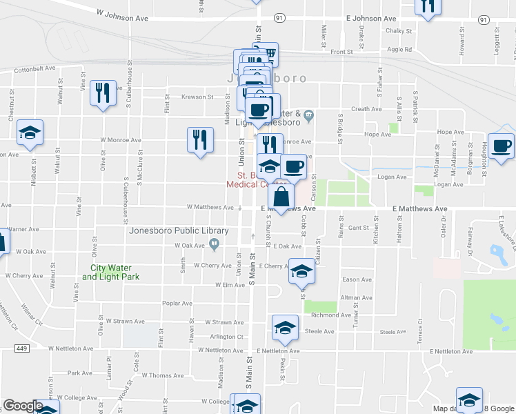 map of restaurants, bars, coffee shops, grocery stores, and more near 700 South Main Street in Jonesboro