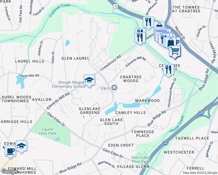 map of restaurants, bars, coffee shops, grocery stores, and more near 4143 Parklake Avenue in Raleigh