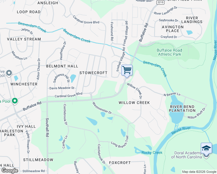 map of restaurants, bars, coffee shops, grocery stores, and more near 5721 Riverford Drive in Raleigh