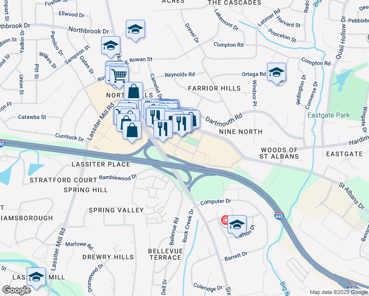 map of restaurants, bars, coffee shops, grocery stores, and more near 200 Park at North Hills Street in Raleigh