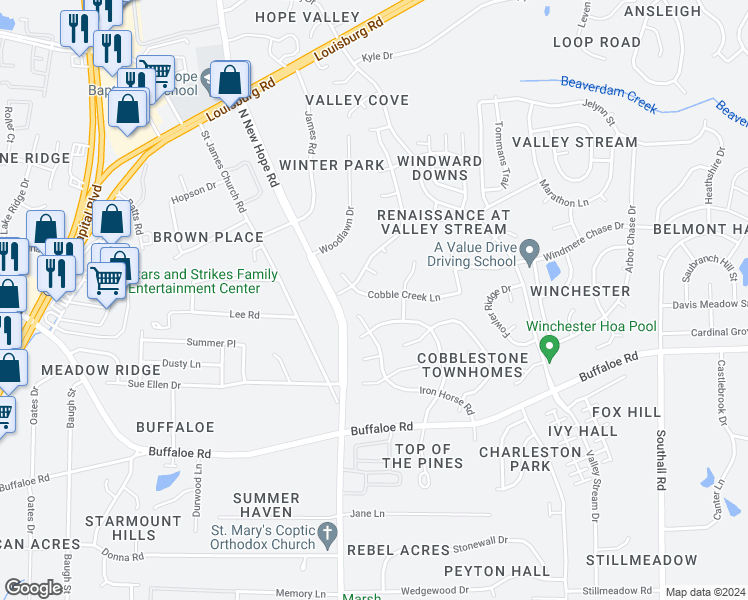 map of restaurants, bars, coffee shops, grocery stores, and more near 4416 Cobble Creek Lane in Raleigh