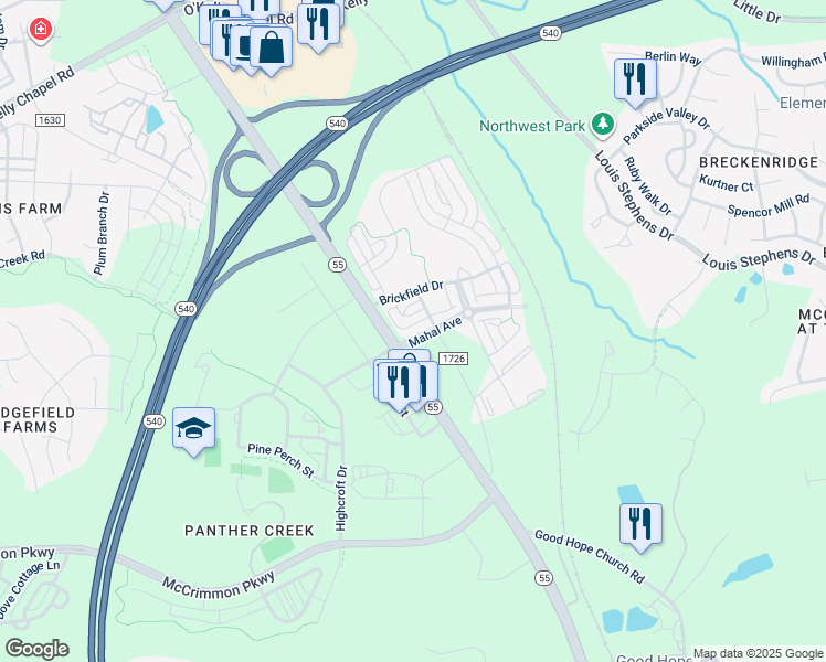 map of restaurants, bars, coffee shops, grocery stores, and more near 1014 Salt Glaze Lane in Cary
