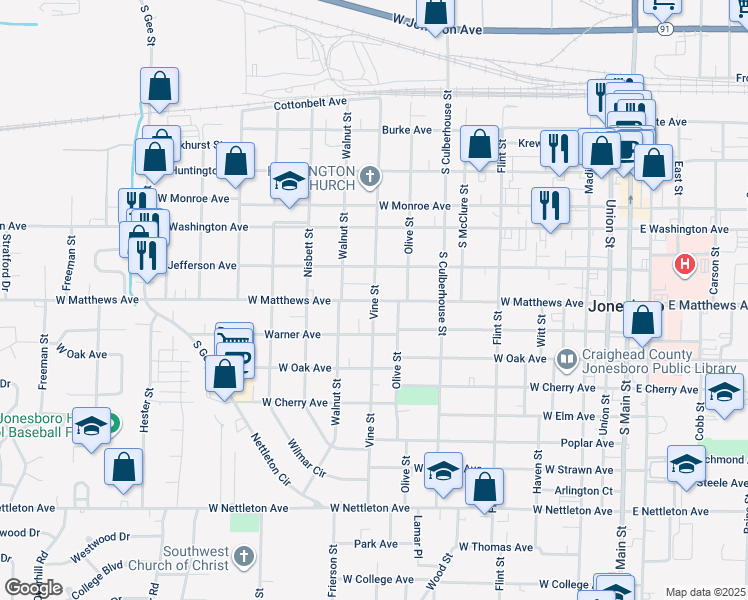 map of restaurants, bars, coffee shops, grocery stores, and more near 900 West Matthews Avenue in Jonesboro