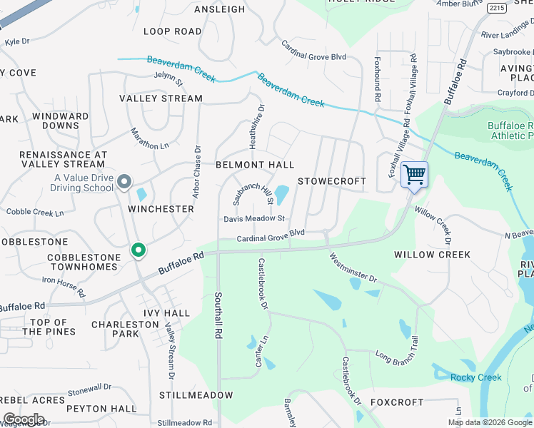 map of restaurants, bars, coffee shops, grocery stores, and more near 4289 Saubranch Hill Street in Raleigh