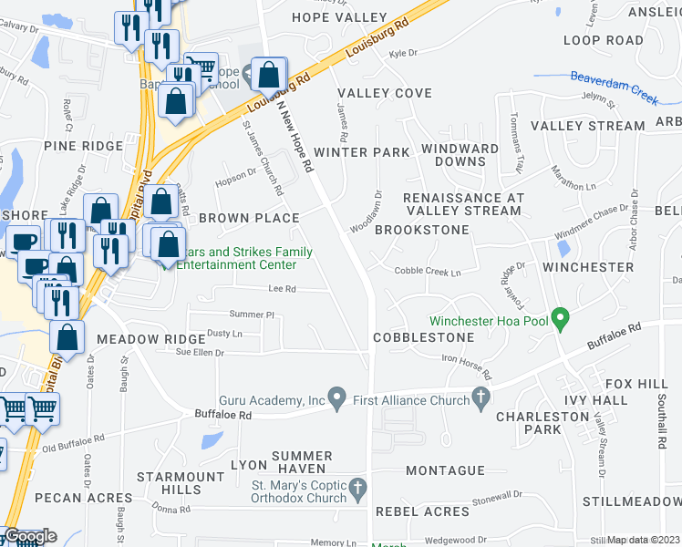 map of restaurants, bars, coffee shops, grocery stores, and more near 4304 Cobble Creek Lane in Raleigh
