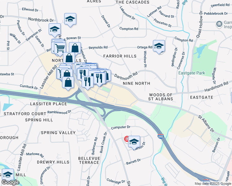map of restaurants, bars, coffee shops, grocery stores, and more near 4030 Cardinal North Hills Street in Raleigh