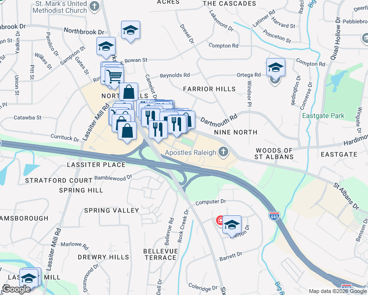 map of restaurants, bars, coffee shops, grocery stores, and more near 4020 Market at North Hills Street in Raleigh
