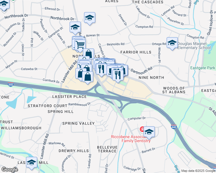 map of restaurants, bars, coffee shops, grocery stores, and more near 4000 Front at North Hills Street in Raleigh