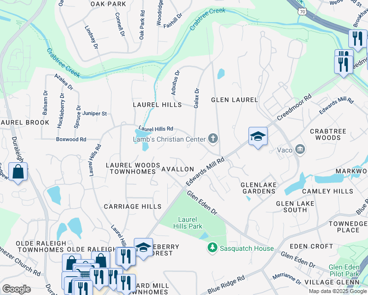 map of restaurants, bars, coffee shops, grocery stores, and more near 3924 Rhododendron Drive in Raleigh