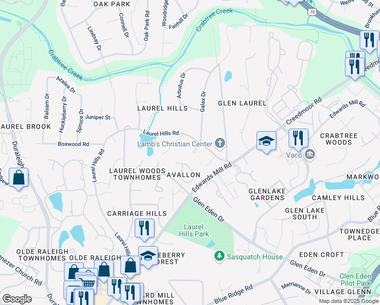 map of restaurants, bars, coffee shops, grocery stores, and more near 3924 Rhododendron Drive in Raleigh