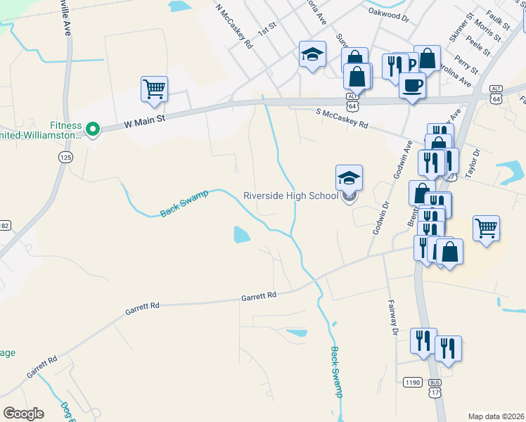 map of restaurants, bars, coffee shops, grocery stores, and more near 200 Santee Drive in Williamston