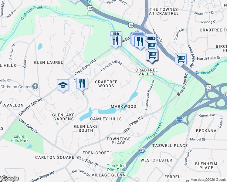 map of restaurants, bars, coffee shops, grocery stores, and more near in Raleigh