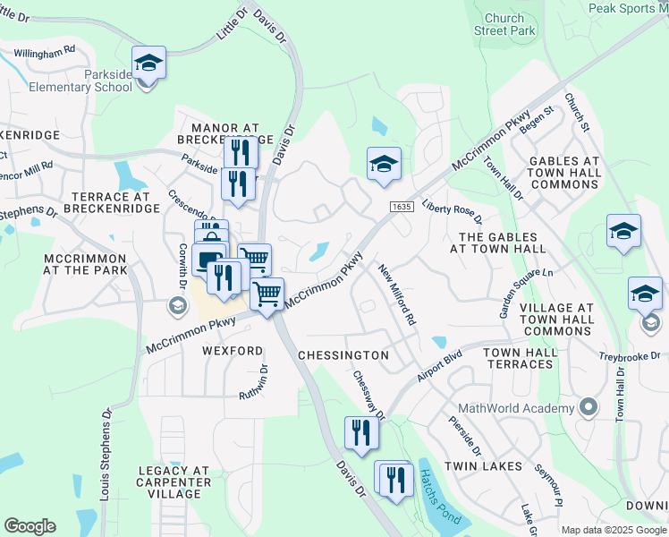 map of restaurants, bars, coffee shops, grocery stores, and more near 505 Berry Chase Way in Cary