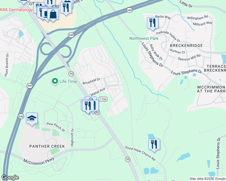 map of restaurants, bars, coffee shops, grocery stores, and more near 321 Firebrick Drive in Cary