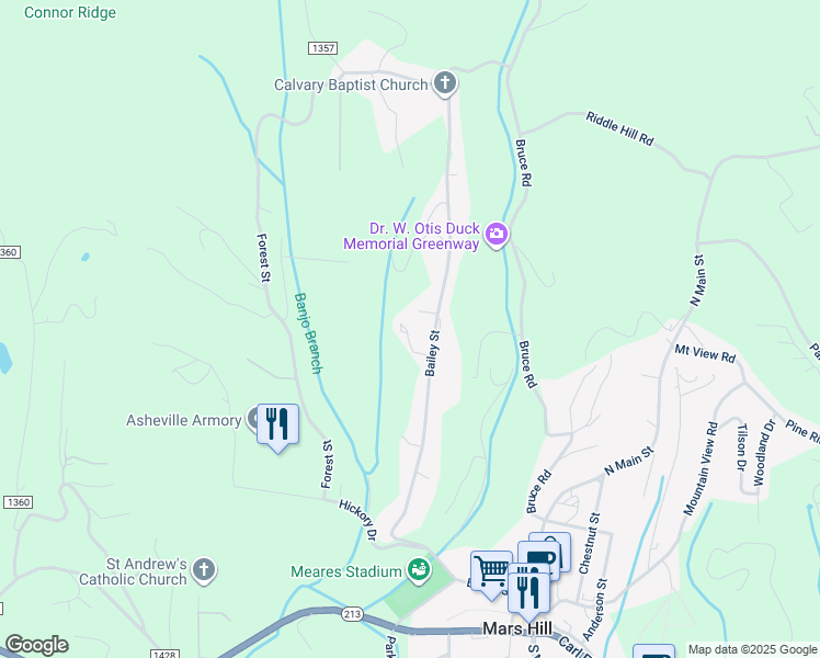 map of restaurants, bars, coffee shops, grocery stores, and more near 105 Bearwood Drive in Mars Hill