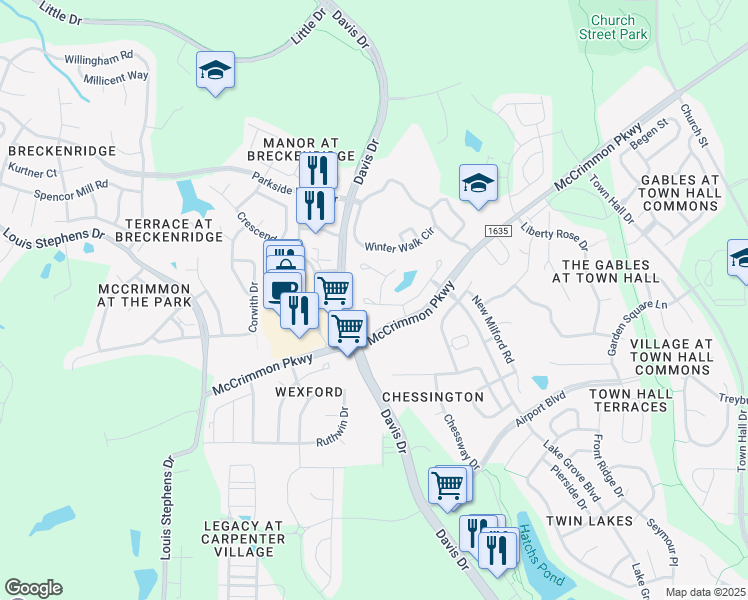map of restaurants, bars, coffee shops, grocery stores, and more near 619 Berry Chase Way in Cary