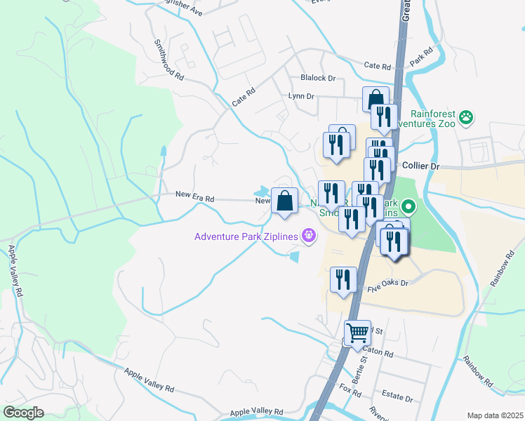 map of restaurants, bars, coffee shops, grocery stores, and more near 2054 New Era Road in Sevierville