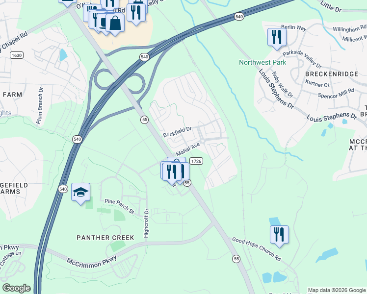 map of restaurants, bars, coffee shops, grocery stores, and more near 4117 Mahal Avenue in Cary