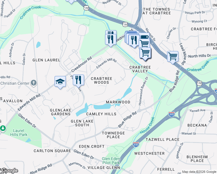 map of restaurants, bars, coffee shops, grocery stores, and more near in Raleigh