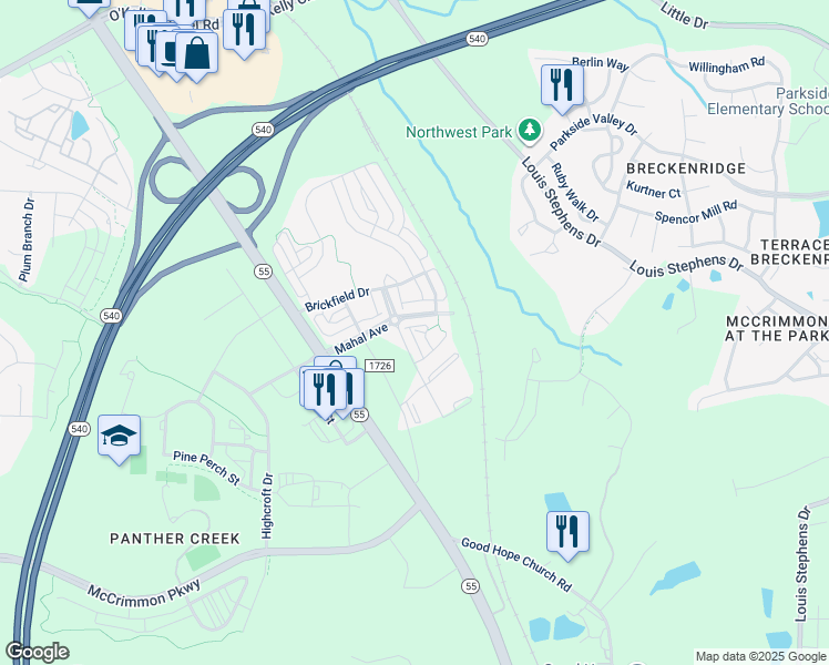 map of restaurants, bars, coffee shops, grocery stores, and more near 225 Adobe Place in Cary