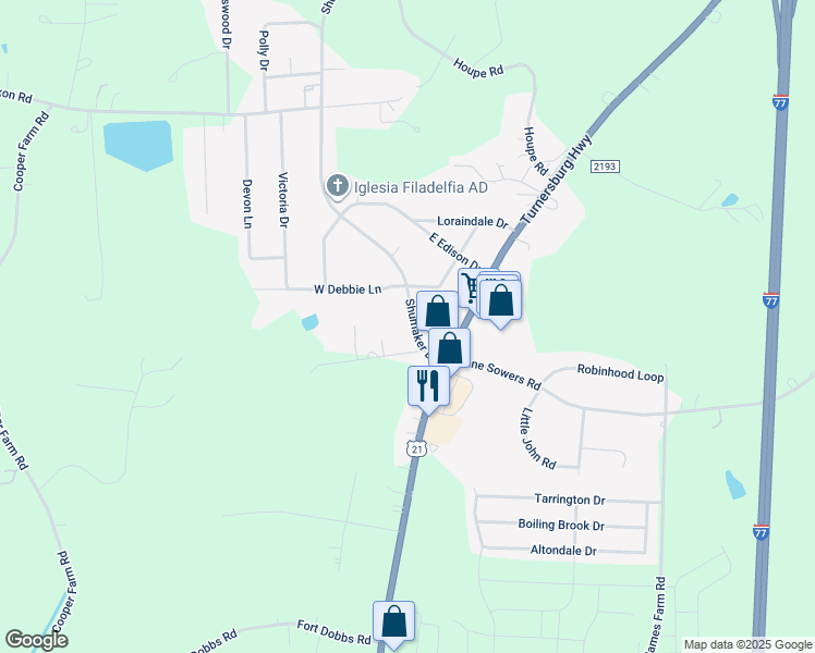 map of restaurants, bars, coffee shops, grocery stores, and more near 158 Shumaker Drive in Statesville
