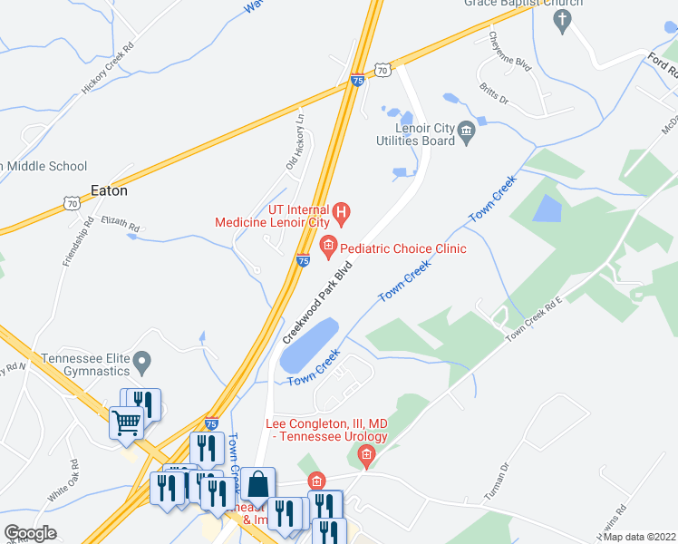 map of restaurants, bars, coffee shops, grocery stores, and more near 5505 Creekwood Park Boulevard in Lenoir City