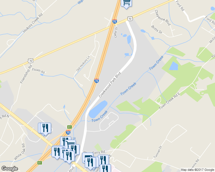 map of restaurants, bars, coffee shops, grocery stores, and more near Creekwood Park Boulevard in Lenoir City