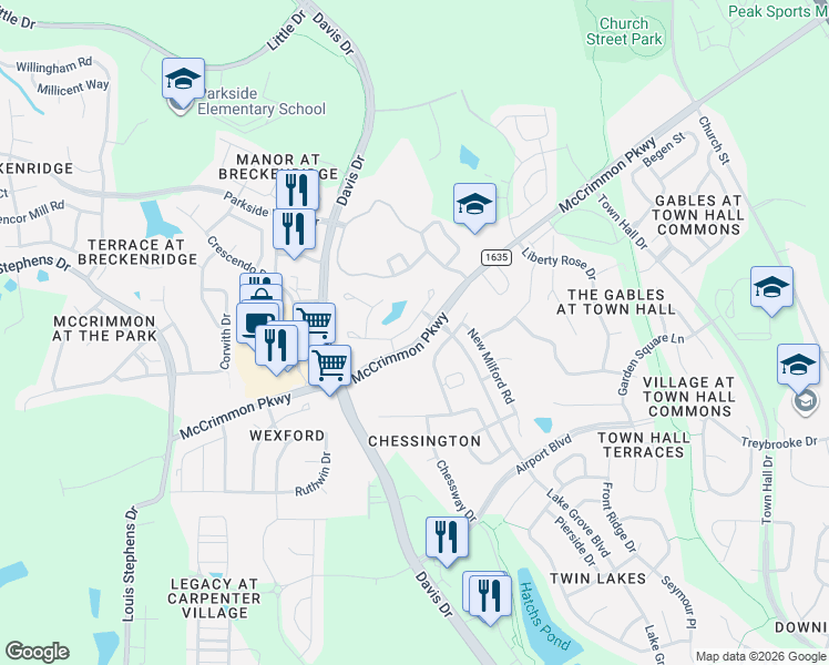 map of restaurants, bars, coffee shops, grocery stores, and more near 505 Berry Chase Way in Cary