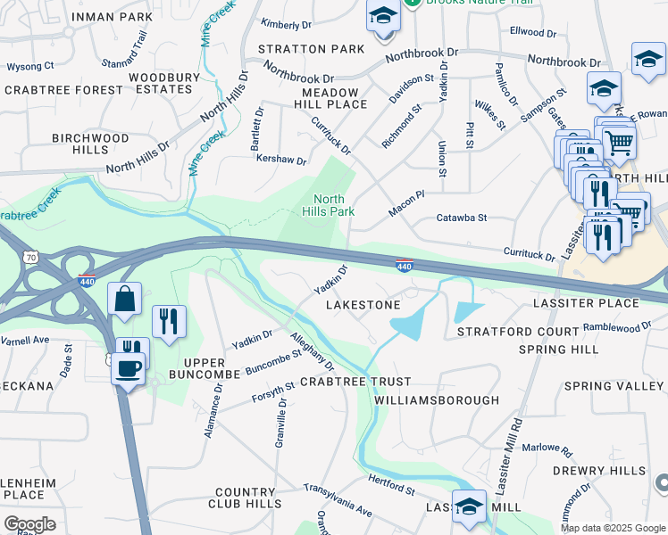 map of restaurants, bars, coffee shops, grocery stores, and more near 4007 Yadkin Drive in Raleigh
