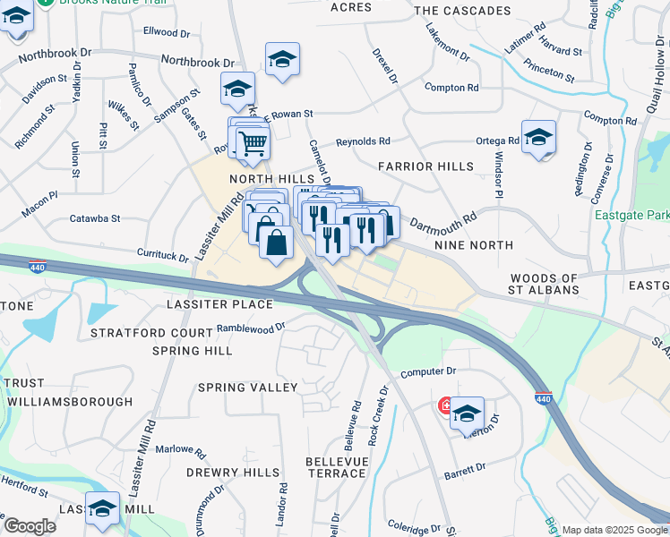 map of restaurants, bars, coffee shops, grocery stores, and more near 4204 Six Forks Road in Raleigh