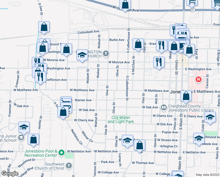 map of restaurants, bars, coffee shops, grocery stores, and more near 818 West Matthews Avenue in Jonesboro
