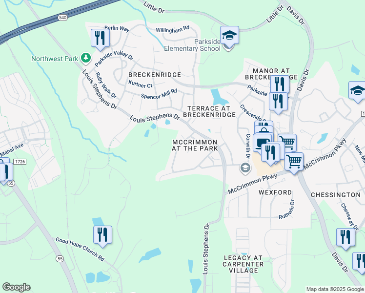 map of restaurants, bars, coffee shops, grocery stores, and more near 907 Delaronde Lane in Morrisville