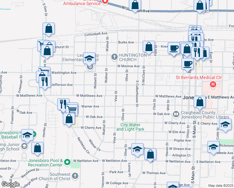 map of restaurants, bars, coffee shops, grocery stores, and more near 826 West Matthews Avenue in Jonesboro