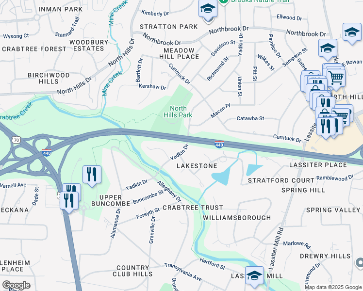 map of restaurants, bars, coffee shops, grocery stores, and more near 4007 Yadkin Drive in Raleigh