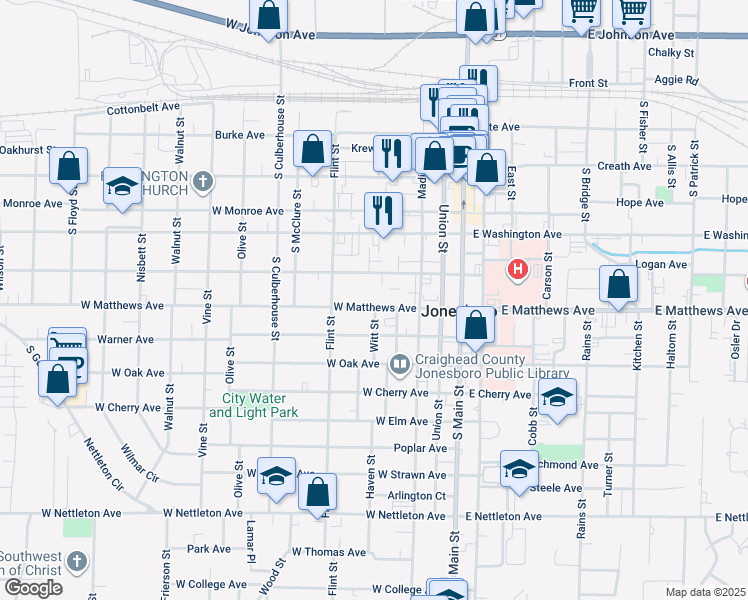 map of restaurants, bars, coffee shops, grocery stores, and more near 418 West Matthews Avenue in Jonesboro