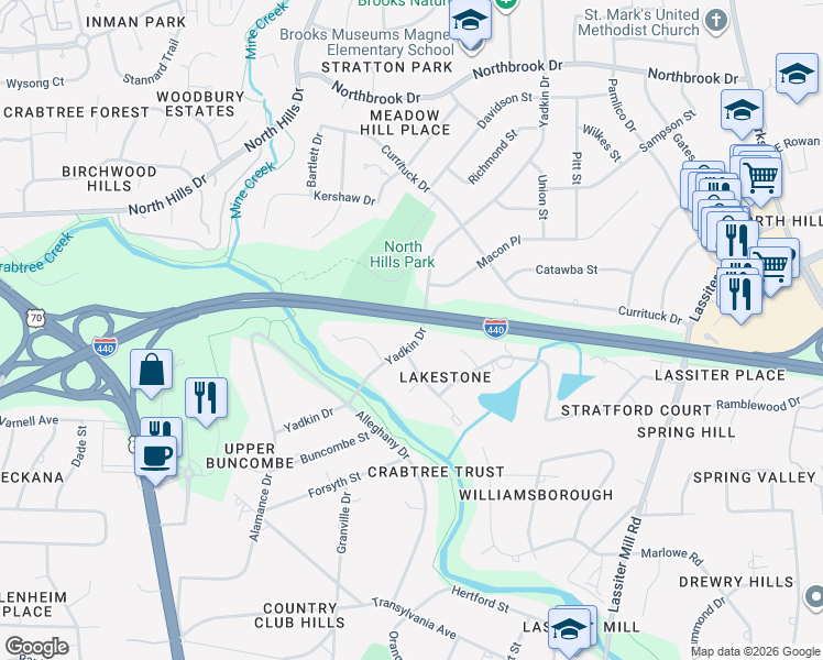 map of restaurants, bars, coffee shops, grocery stores, and more near 4007 Yadkin Drive in Raleigh
