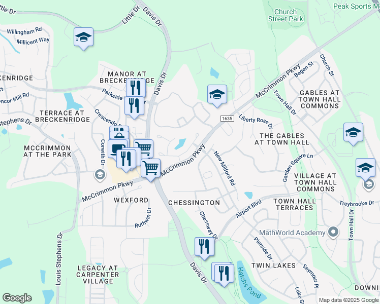map of restaurants, bars, coffee shops, grocery stores, and more near 505 Berry Chase Way in Cary