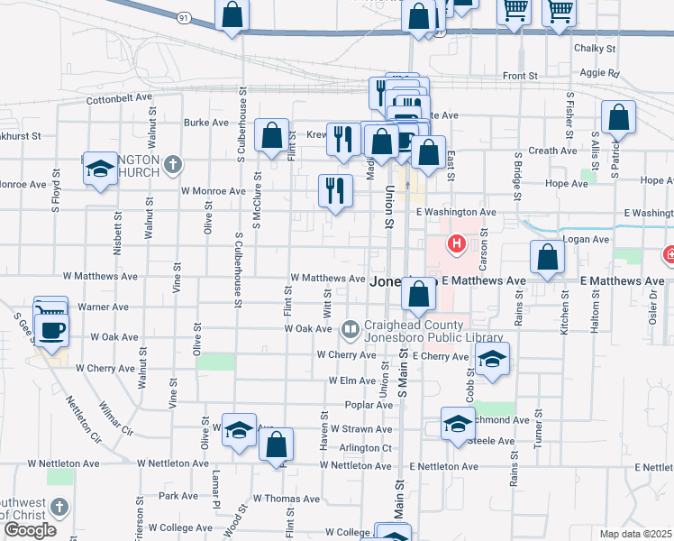 map of restaurants, bars, coffee shops, grocery stores, and more near 411 West Jefferson Avenue in Jonesboro