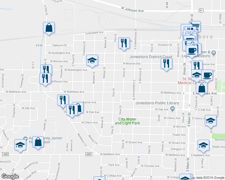 map of restaurants, bars, coffee shops, grocery stores, and more near 826 West Matthews Avenue in Jonesboro