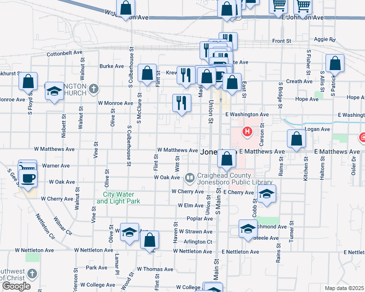 map of restaurants, bars, coffee shops, grocery stores, and more near 406 West Matthews Avenue in Jonesboro