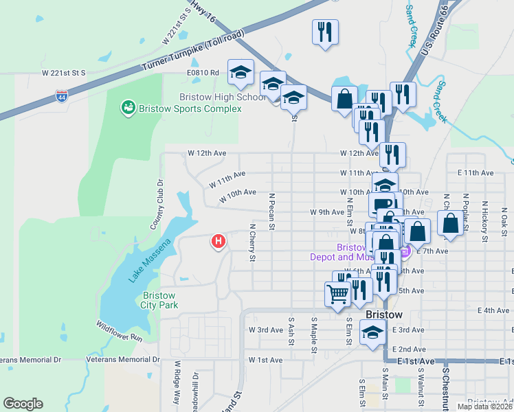 map of restaurants, bars, coffee shops, grocery stores, and more near 550 West 10th Avenue in Bristow