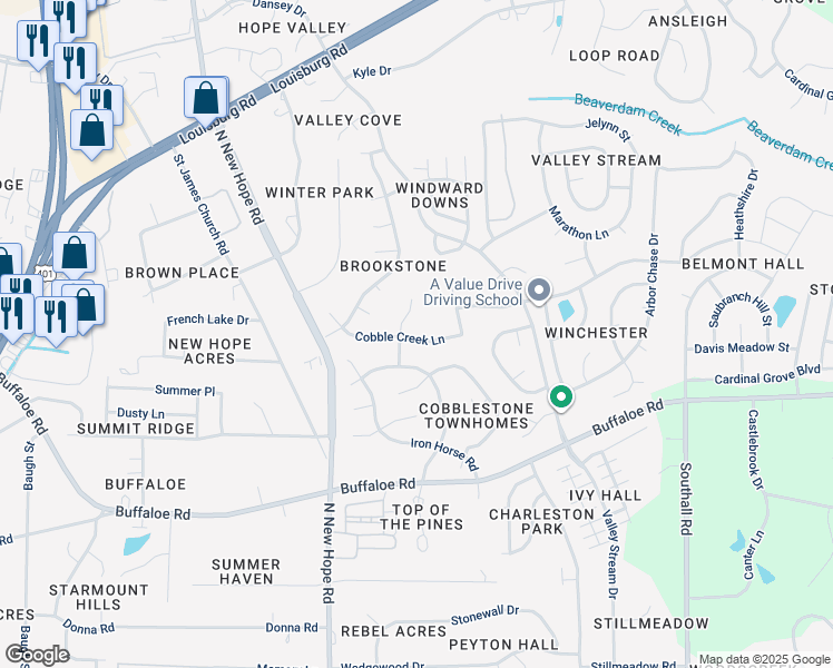 map of restaurants, bars, coffee shops, grocery stores, and more near 4509 Cobble Creek Ln in Raleigh